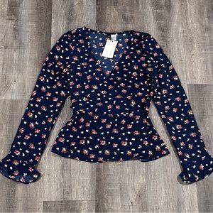 New Women’s Size 6 Navy Blue Floral Wrap Blouse